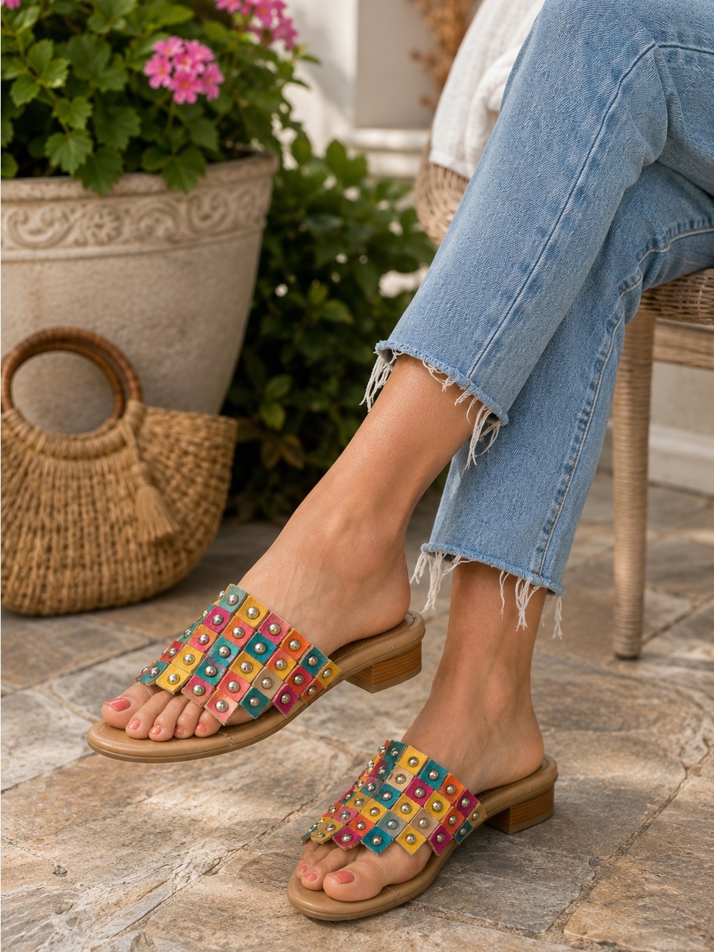 Eurosoft by Sofft Leather Multicolor Studded Slide Sandals Size 10M